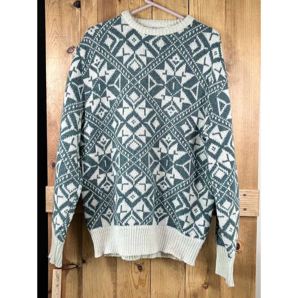 VTG Men's Ski Sweater 95% Wool L USA Fair Isle Nordic Green Royal North Mills